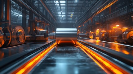 Fototapeta premium Steel Mill Production: Metal Coil on Conveyor Belt