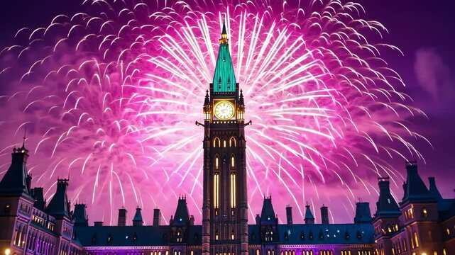 Vibrant fireworks celebrating canada's independence day at iconic parliament building