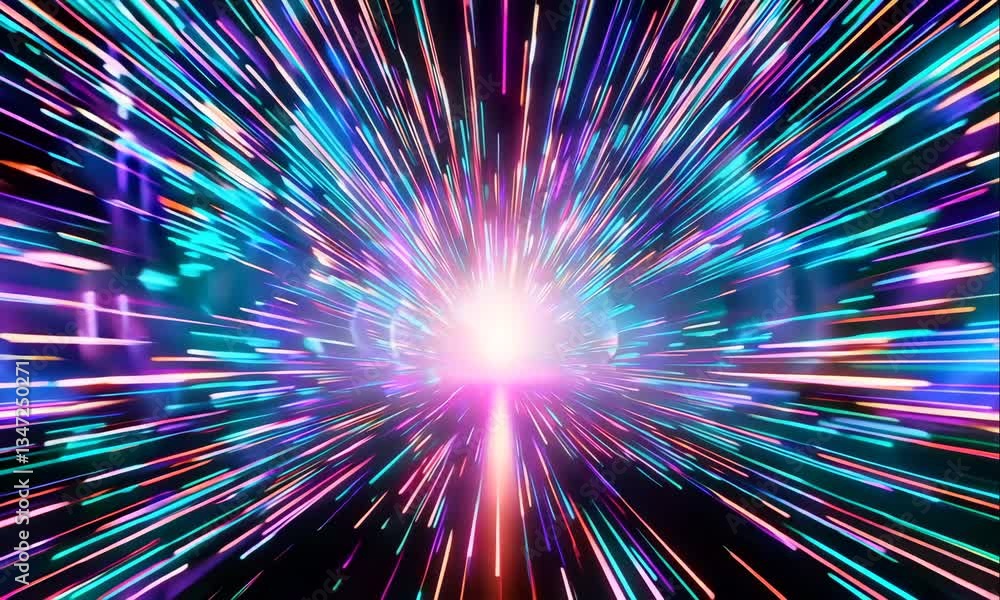 Poster abstract digital tunnel with colored light effects in futuristic style animation