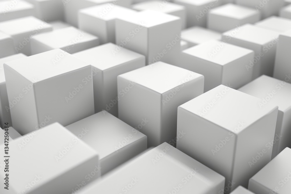 Poster Abstract 3D rendering of a field of white cubes, creating a dynamic and minimalist design.