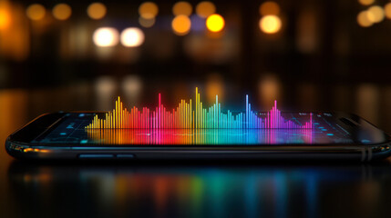 Glowing mobile phone displaying colorful audio wave diagram in dark setting