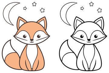 Adorable Fox with Moon and Stars Coloring Page Illustration Featuring a Cute Cartoon Fox