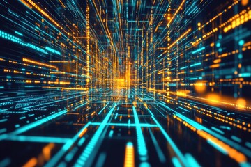 Abstract digital tunnel of glowing lines and data streams