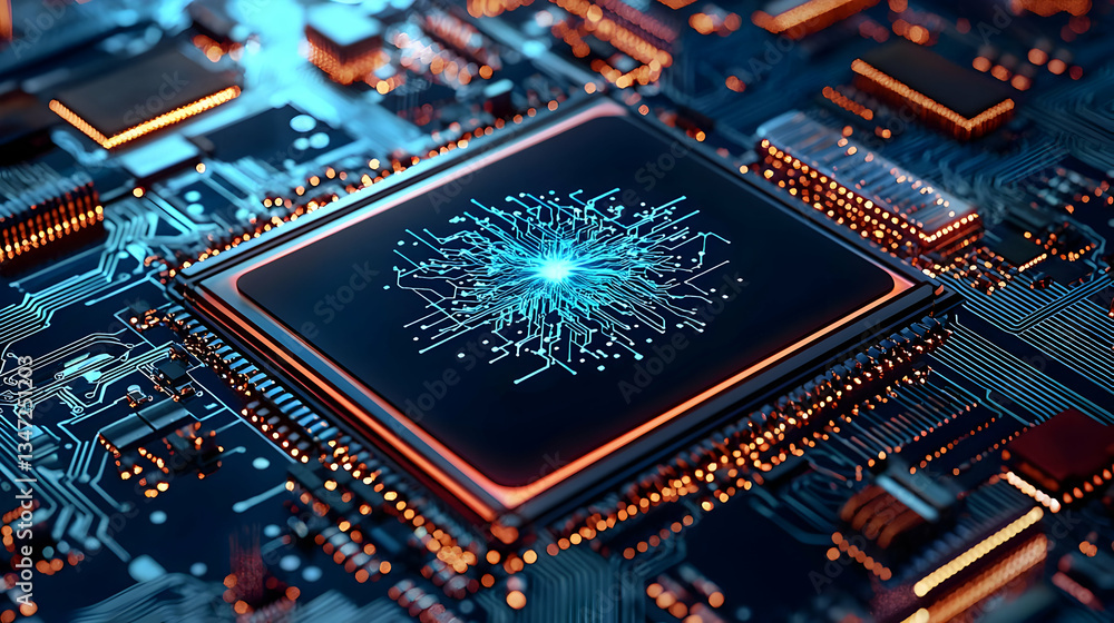 Aufkleber closeup of glowing processor on circuit board