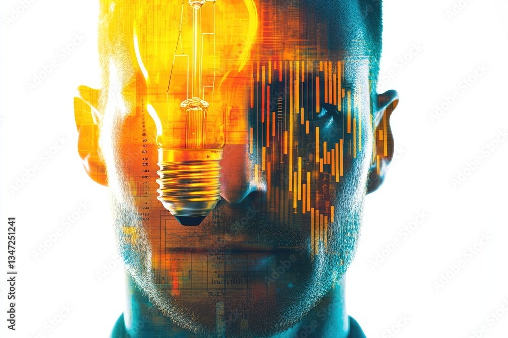 Aufkleber a man's face superimposed with a glowing lightbulb and data visualizations, symbolizing innovation a
