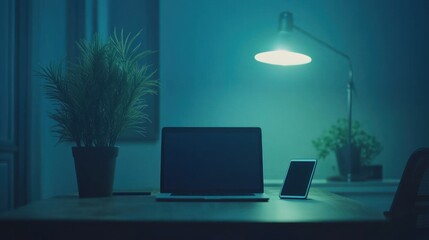 Fototapeta premium Desk with laptop, phone, plants under soft lamp glow in blue-toned room