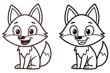 Adorable Cartoon Fox Coloring Page Two Versions Happy Animal Illustration