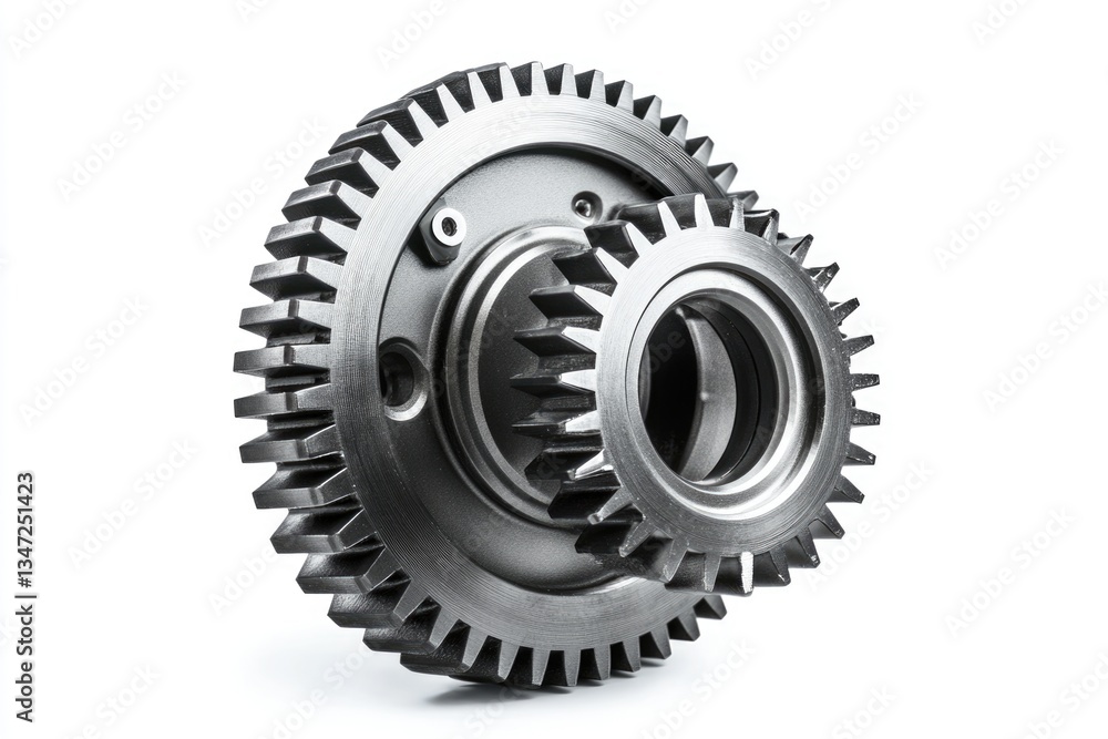 Poster two metallic gears interlock, showcasing intricate details and precision engineering.