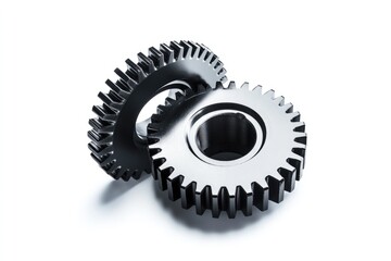 Two metallic gears interlocked, showcasing precision engineering and mechanical synergy.