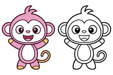 Adorable Cartoon Monkey Illustration with Coloring Page Option Happy primate character design for kids