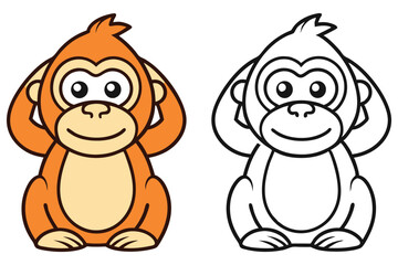 Adorable Cartoon Orangutan Illustration Coloring Page for Kids Featuring a Cute Monkey Sitting with Hands Behind Ears