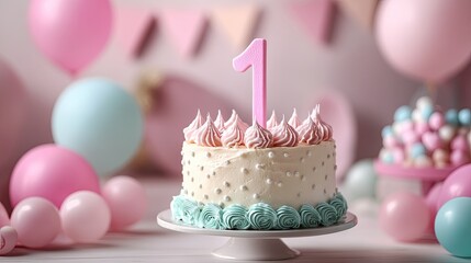 Celebration background featuring a gourmet cake for a first birthday concept, ideal for a memorable event. 