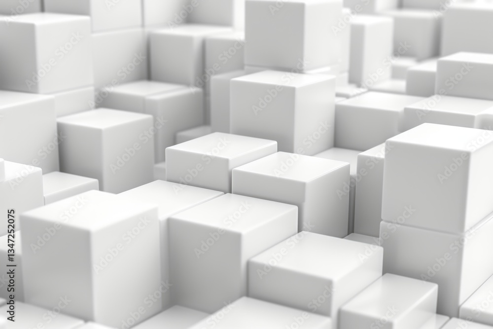 Poster Abstract 3D rendering of a chaotic arrangement of white cubes, creating a textured and dynamic visual.