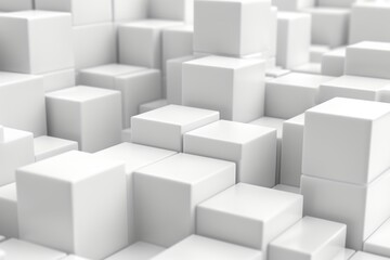 Abstract 3D rendering of a chaotic arrangement of white cubes, creating a textured and dynamic visual.