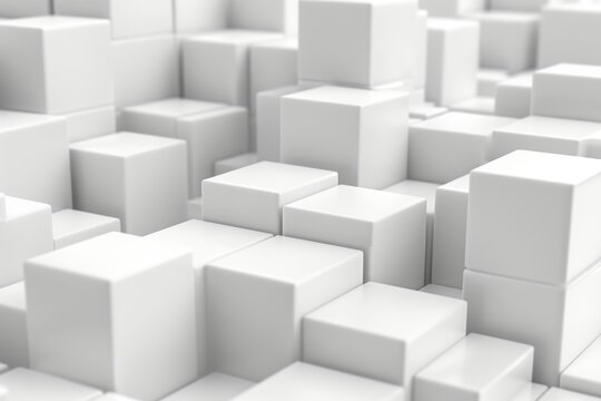 Abstract 3D rendering of a chaotic arrangement of white cubes, creating a textured and dynamic visual.