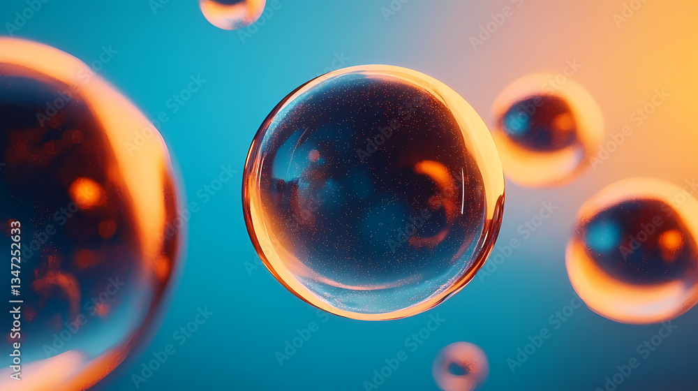 Poster floating transparent spheres with glowing patterns