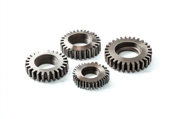 Three metallic gears of varying sizes, arranged on a white background, representing teamwork and mechanics.