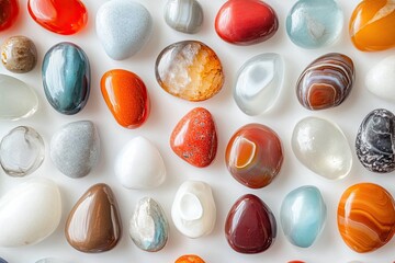 Colorful polished stones arranged in a pattern on a white background.  Different shades and varieties of polished rocks, including agates, jasper, and quartz.  High-quality, smooth textures