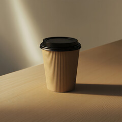 A cardboard coffee cup with a black lid sits on a smooth, light wood surface against a plain white background