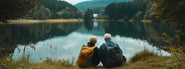 Couple rests by serene lake, surrounded by forest