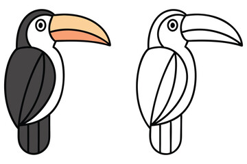 A toucan bird illustration with color and line art versions for coloring pages or educational materials