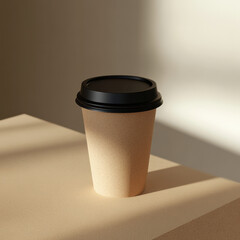 A cardboard coffee cup with a black lid sits on a smooth, light wood surface against a plain white background