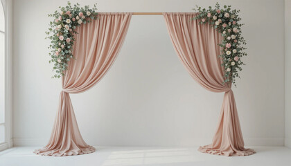A romantic wedding archway draped in blush fabric ready for vows with soft natural light in minimalist studio setup