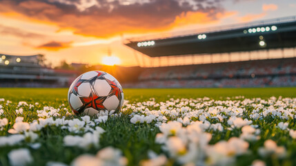Soccer ball resting on grass with scattered flowers at sunset near open stadium