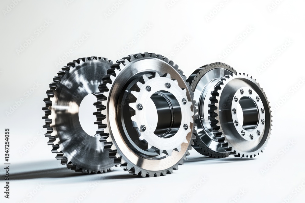 Poster three metallic gears interlock, showcasing intricate design and precision engineering.
