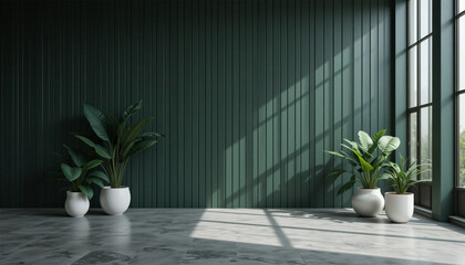 Fototapeta premium Serene corner of mindful indoor garden green walls basking in natural light clean minimalist interior design