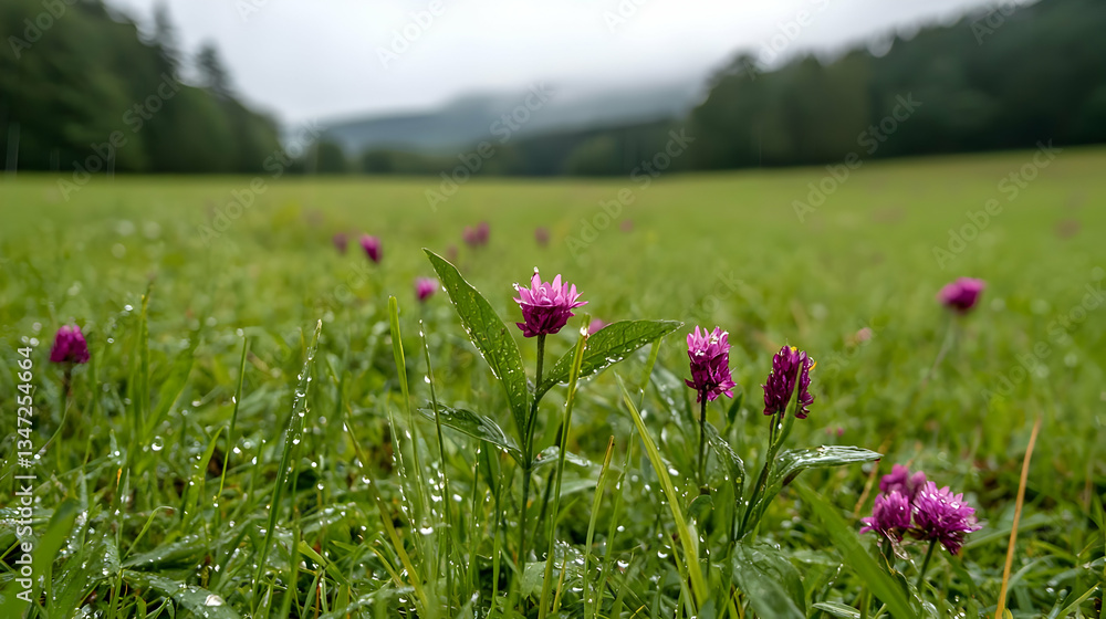 Poster close up view of purple flowers and dew drops on green grass field with trees and fog in background