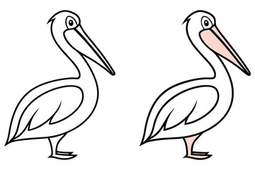 Two Line Drawings of a Pelican One in Black and White the Other with Pink Highlights