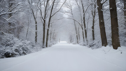 Snowy path winding through snow covered trees in a peaceful winter forest