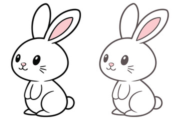 Adorable Cartoon White Rabbits Sitting Side by Side Simple Line Art and Color Version Easter Bunny Illustrations