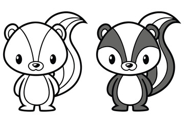 Adorable Cartoon Skunk Coloring Pages for Kids Featuring a Black and White and a Colored Version