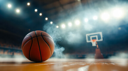 Basketball on court under spotlights with smoke in the air in indoor stadium