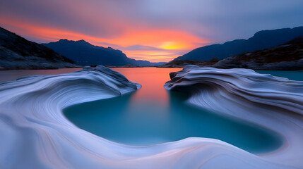 Vibrant Sunset over a Serene Mountain Lake with Unique Rock Formations