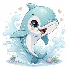 Cute Cartoon Dolphin Leaping Out of Water transparent background