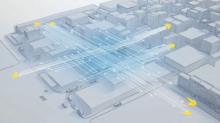 Urban traffic flow visualization.  Network of city streets and buildings with highlighted traffic routes