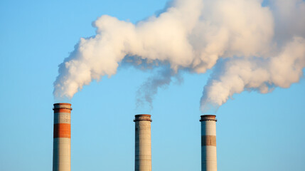 White smoke billows from three industrial chimneys against clear blue sky on sunny day