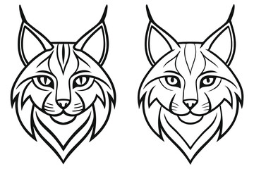 Two stylized lynx head illustrations in black and white line art a pair of majestic wildcat portraits ©  Design_ mn