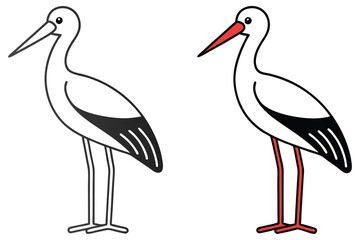 Two Illustrations of a White Stork Bird One in Black and White and the Other with Red Legs