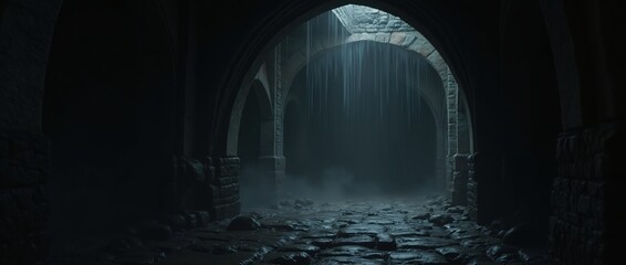 Obraz premium Dark dungeon of a medieval castle, gothic arches, dim torchlight, water drops on the walls, cinematic style