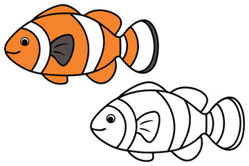 Adorable Cartoon Clownfish Illustration with Coloring Page A Pair of Friendly Orange and White Striped Fish Perfect for Kids Activities and Educational Materials