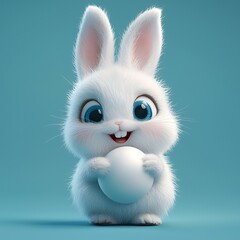 Cute white bunny holding egg, pastel background, Easter greeting, children's book illustration