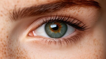 Obraz premium Close-up of a woman's eye and freckled skin. A detailed view of a light-green eye with visible details of the iris and lashes. Natural beauty and skin texture are prominent features