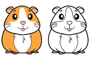 Adorable Cartoon Guinea Pig Illustration Coloring Page Featuring a Cute Orange Guinea Pig and its Black and White Outline Version