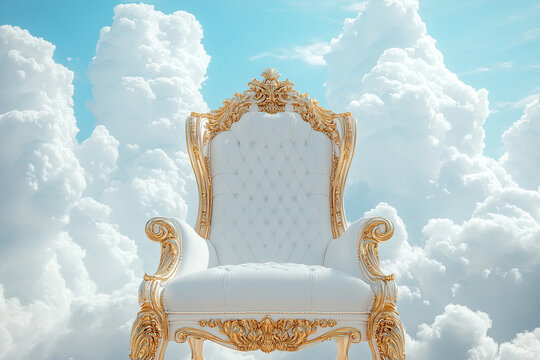 Royal chair placed among fluffy clouds in bright sky