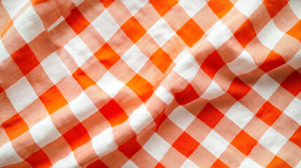 Close-up view of orange and white checkered tablecloth on vibrant red background