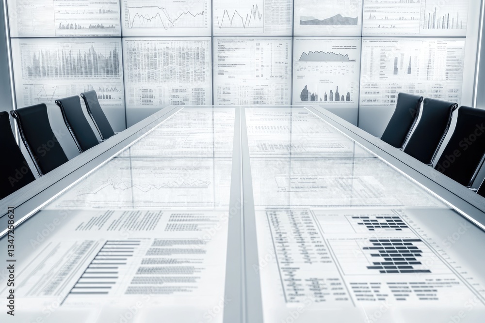 Poster a modern conference room with a large table displaying financial data and charts on a wall.